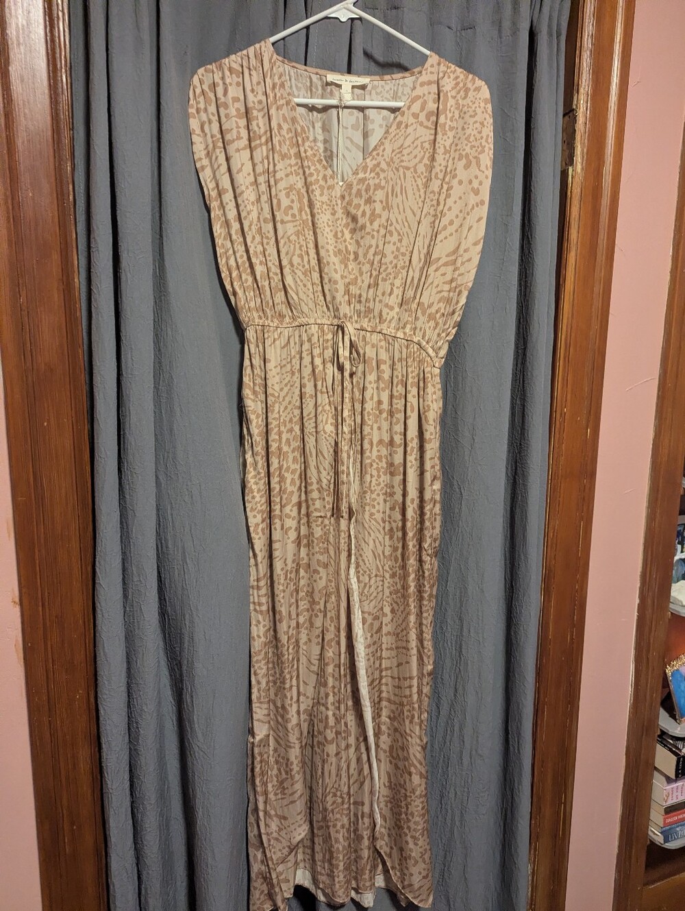 Pink Leopard Print V-Neck Silk Maxi Dress with Elastic Waist And Pockets